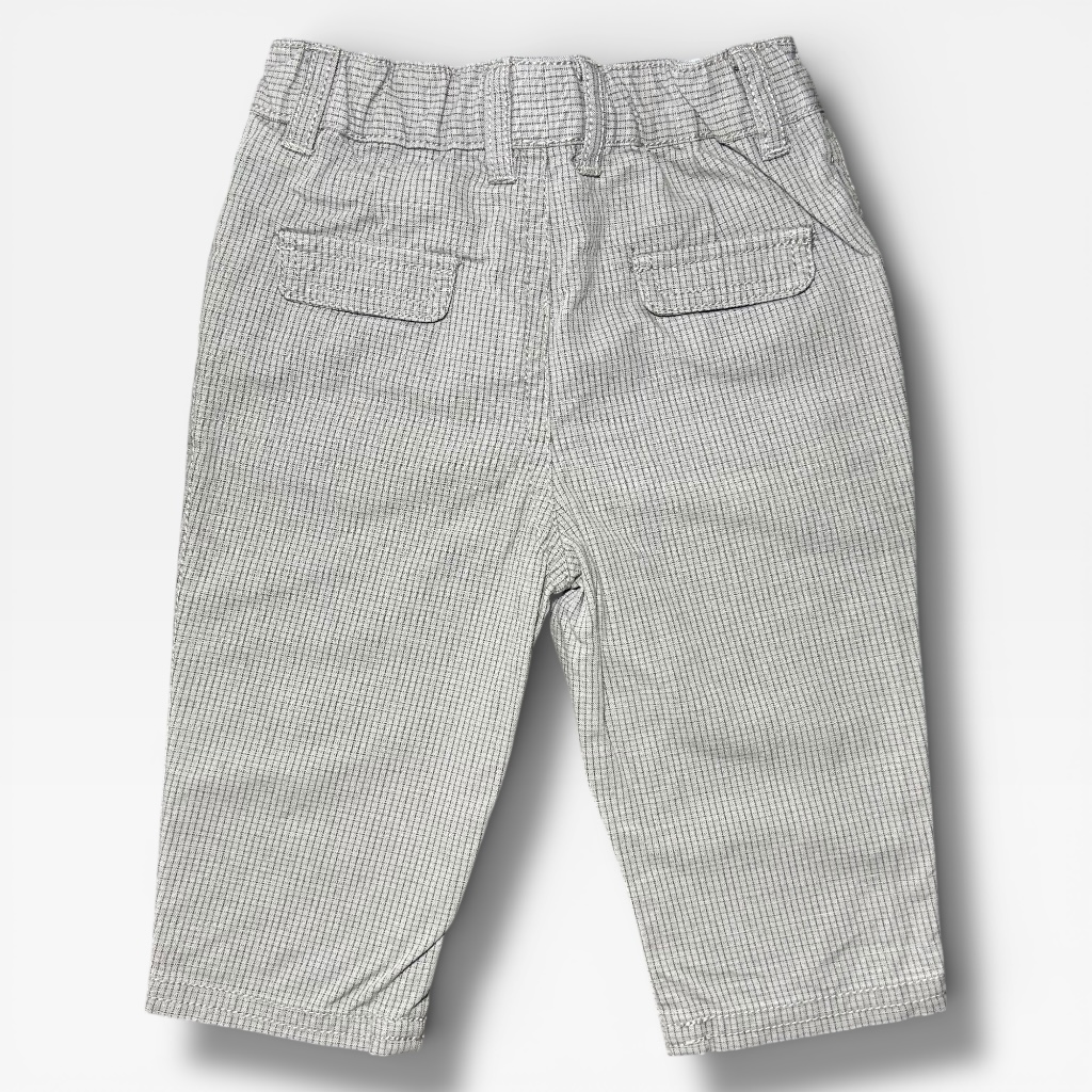 Pantalon bébé gris clair à mini carreaux avec taille élastiquée et poches arrière. Obaïbi, 6 mois d'occasion