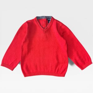 Pull bébé Kiabi 12 mois rouge avec col en V et petit motif moustache brodé, d'occasion