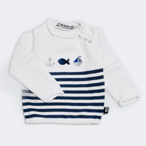 Pull bébé blanc à rayures bleu marine avec motifs marins brodés. Hublot, 23 mois d'occasion