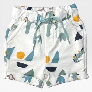 Short bébé 3 mois Orchestra blanc avec motifs bateaux et crocodiles, taille élastique et lacet vert, d'occasion