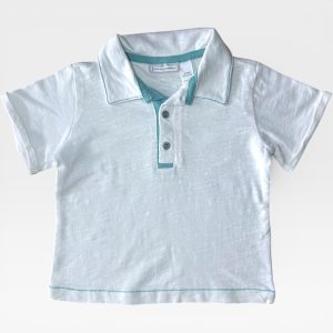 Polo 18 mois blanc à manches courtes avec col bleu turquoise et boutons sur le devant, d'occasion