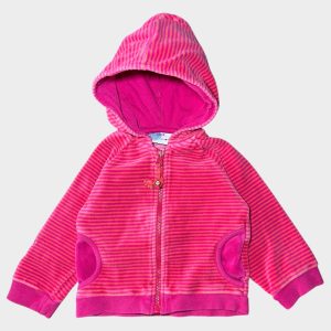 Veste bébé à capuche rose et orange rayée avec fermeture zippée, poches et broderie chat au dos, taille 12 mois, d'occasion