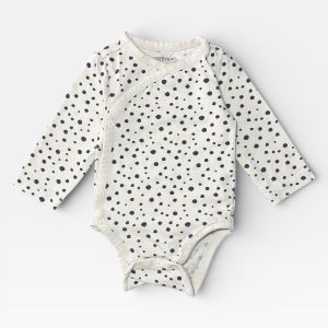 Body bébé manches longues blanc cassé à pois noirs, modèle cache-cœur croisé avec boutons-pression, taille 1 mois Orchestra d'occasion
