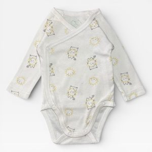 Body bébé blanc manches longues style cache-cœur avec fermeture pression sur le côté et motifs petits chats et soleils, taille 1 mois, Tex, d'occasion
