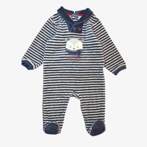 Dors-bien bébé en velours rayé bleu marine et gris avec motif petit cerf, taille 9 mois. Obaïbi, d'occasion
