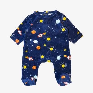 Dors-bien bébé en velours bleu marine avec motifs fusées et planètes thème espace, tex, 1 mois, d'occasion
