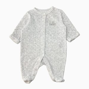 Dors-bien bébé gris à pois noirs avec inscription “Hello” Kiabi, taille 1 mois d'occasion