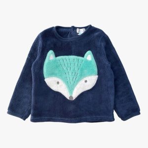 Pull bébé en polaire épaisse bleu marine avec motif renard vert, taille 24 mois