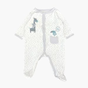 Dors-bien bébé blanc cassé à manches longues avec motifs animaux et une poche, fermeture à bouton-pression sur le devant. Seconde main.