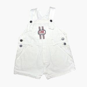 Salopette courte blanche avec logo poche tablier. Seconde main.