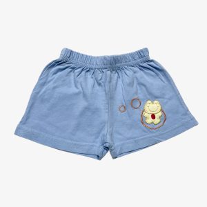 Short bébé bleu clair, broderie grenouille. Seconde main.