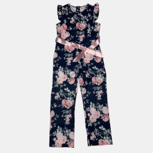 Combinaison enfant bleu marine manches débardeur volantées, ceinture satin rose. Seconde main.