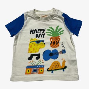 T-shirt bébé manches courtes corps crème manches bleu avec un dessin devant. Seconde main.