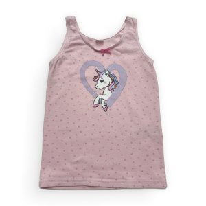 Débardeur enfant rose pâle avec un dessin de licorne devant. Seconde main.