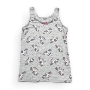 Débardeur enfant gris clair avec un motif répété de petites licornes. Seconde main.