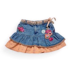 Jupe enfant bi matières, jean et toile abricot. Seconde main.