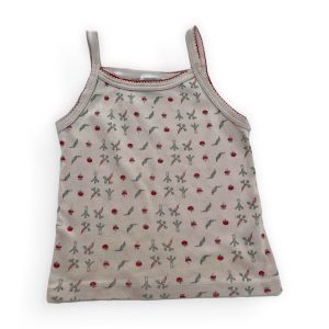 Débardeur enfant fines bretelles rose pâle avec des motifs répétés légumes. Seconde main.