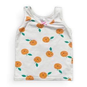 Débardeur enfant blanc avec des motifs répétés d'oranges. Seconde main.