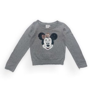 Pull enfant manches longues gris clair broderie perles plates Minnie. Seconde main.