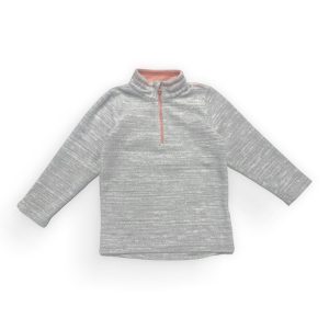 Sweat polaire enfant gris claire chiné crème manches longues avec un zip orange. Seconde main.