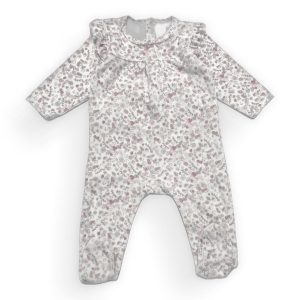 Dors-bien bébé manches longues blanc motifs floraux, épaules volantées. Seconde main.