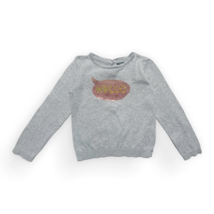 Pull enfant manches longues gris clair, bulle message devant. Seconde main.