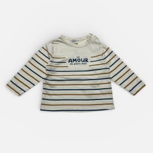 T-shirt bébé crème manches longues rayé avec un petit message devant. Seconde main.