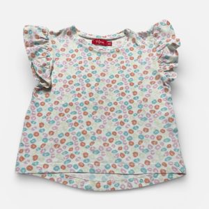 T-shirt enfants blanc avec motifs multicolores pastel manches volantées. Seconde main.