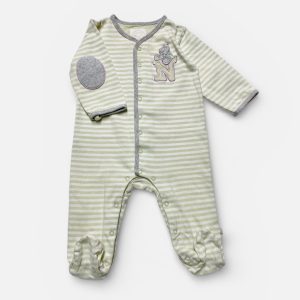 Dors-bien bébé manches longues rayé blanc et vert anis avec des ronds de coude gris clair. Seconde main.