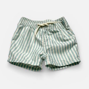 Short bébé bicolore crème bleu azur clair, élastiqué et cordon à la taille. Seconde main.