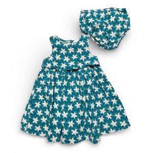 Robe et bloomer bébé bleu sarcelle avec un imprimé fleurs gris clair. Seconde main.