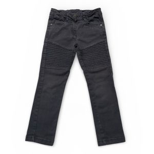 Pantalon jean noir découpes pinces devant, élastiqué à la taille. Seconde main.