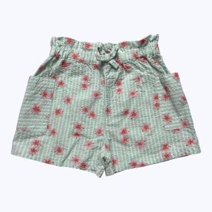 Short enfant rayé blanc et vert d'eau avec des motifs corail. Seconde main.