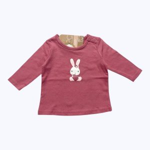 T-shirt bébé manches longues cerise avec une sérigraphie devant. Seconde main.