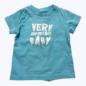 T-shirt bébé manches courtes bleu sérigraphie message. Seconde main.