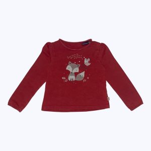 T-shirt enfant manches longues rouge brique, froncé aux épaules. Seconde main.