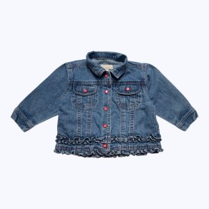 Veste jean bébé manches longues, volantée au bas. Seconde main.
