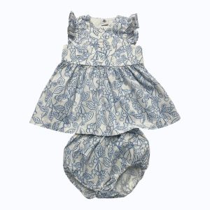 Robe bébé manche courte avec son bloomer blanc et bleu. Seconde main.