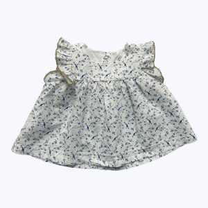 Blouse bébé manches courtes volantées blanches et bleu. Seconde main.