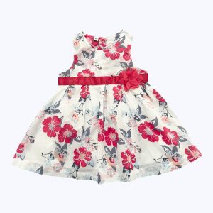 Robe bébé manches débardeur blanche avec des motifs floraux corail rose saumon. Seconde main.