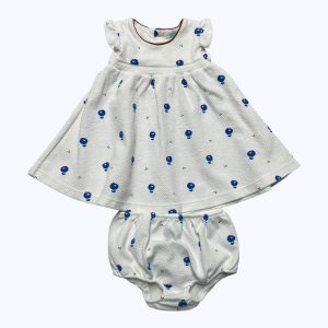 Ensemble bébé robe et bloomer blanc et bleu roi. Seconde main.