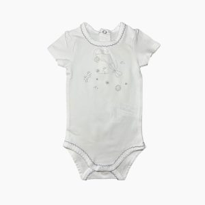 Body bébé blanc manches courtes avec petits motifs gris et finition au col, Pomme, Framboise, Orchestra 6 mois, d'occasion
