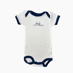 Body bébé blanc manches courtes avec finitions bleu marine et logo Petit Bateau, 3 mois, d'occasion