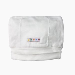 Bonnet bébé blanc en coton avec petite étiquette décorative fleurs colorées, Jean Bourget, 45 cm d'occasion