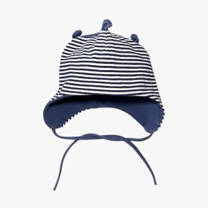 Bonnet bébé marinière blanc et bleu marine avec lacets à nouer. 46/47 cm d'occasion