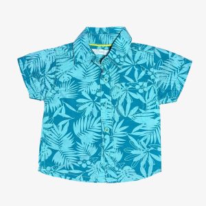 Chemise bébé manches courtes bleue avec imprimé tropical feuilles et fleurs, Gémo 3 mois, d'occasion