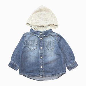 Chemise bébé en jean manches longues avec capuche grise, boutons pression et poches poitrine – TEX 6 mois, d'occasion