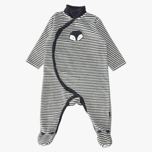 Dors-bien bébé rayé bleu marine et blanc avec col et motif pingouin, P’tit Bisou 9 mois d'occasion