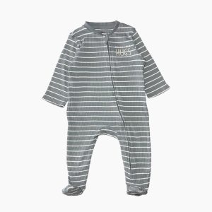 Dors-bien bébé côtelé bleu grisé à rayures blanches avec fermeture zippée, Kiabi, 6 mois d'occasion