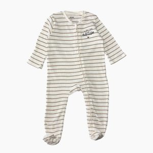 Dors-bien bébé côtelé blanc à rayures marron avec zip et inscription “Limited Edition”, Kiabi, 6 mois, d'occasion